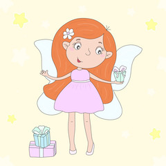 Hand Drawn cute cartoon Fairy with gifts, vector illustration