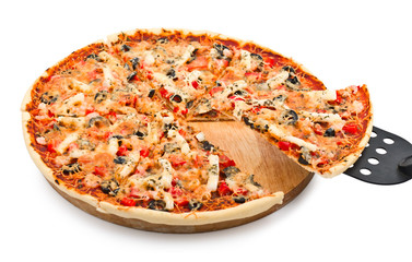 Delicious Pizza with seafood with the cut off slice