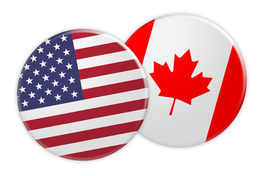 Politics News Concept: US Flag Button On Canada Flag Button, 3d Illustration On White Background