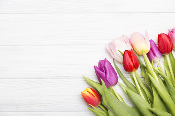 colorful tulips on white wooden background.