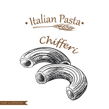 Hand drawn chifferi pasta isolated on white background. Italian pasta sketch style vector illustrator.