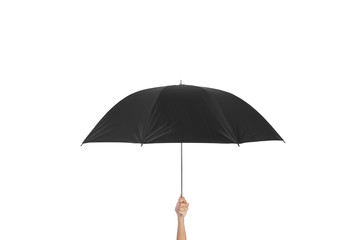 hand holding black umbrella isolated on white background.