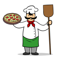 Pizzabäcker mit Pizza beim Pizzaservice