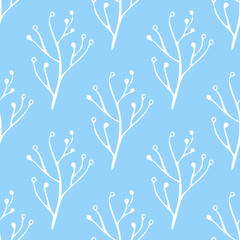 Fototapeta na wymiar Seamless blue and white hand drawn, doodle, floral vector pattern for background, backdrop. Scandinavian, ethnic style for wrapping, textile, print. Flowers and plants illustration eps 10.