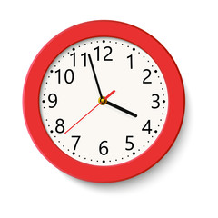 Classic red round wall clock isolated on white . Vector illustration