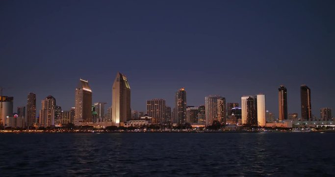 SAN DIEGO, CA - Circa February, 2017 - A picturesque establishing shot of the San Diego skyline at night.  	
