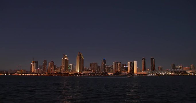 SAN DIEGO, CA - Circa February, 2017 - A picturesque wide establishing shot of the San Diego skyline at nighttime.	 	