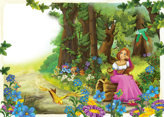 cartoon woman sitting in a beautiful colorful forest