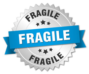 fragile 3d silver badge with blue ribbon