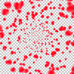 Background with red hearts falling confetti, flower petals