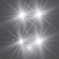 Obraz premium White glowing light burst explosion with transparent. Vector illustration for cool effect decoration with ray sparkles. Bright star. Transparent shine gradient glitter, bright flare. Glare texture.