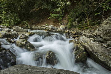 Fototapeta na wymiar Wild mountain river flowing through rocks