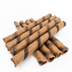 Isolated - Chocolate Wafer Roll on white background, shallow depth of field