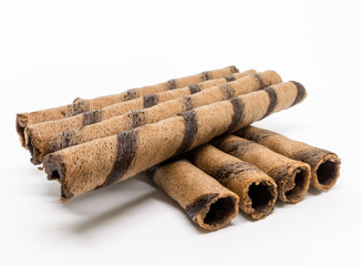 Isolated - Chocolate Wafer Roll on white background, shallow depth of field