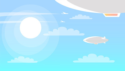 Airships Flying in Sky with Clouds and Shining Sun