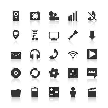Black icons for design of mobile applications. Audio and video i