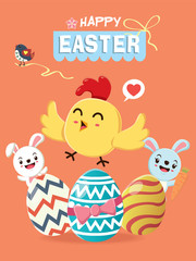 Vintage Easter Egg poster design with Easter rabbit, chick,