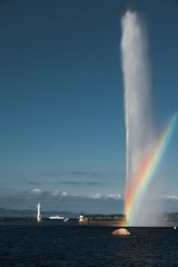 Rainbow At Geneva Jet D'eau Water Fountain on Lake Geneva in Switzerland