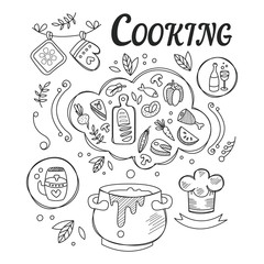 Dinner Cooking Set Of Ingredients And Tools For Food Preparation Hand Drawn Black And White Illustration