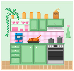 Interior of a Kitchen. Grinder, coffeemaker, roast duck, stove, pots, furniture and flower. Vector illustration.