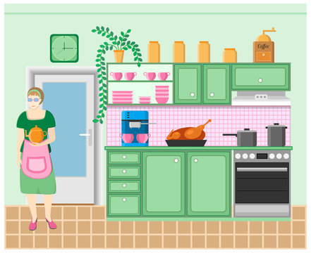Housewife in the kitchen. Grinder, coffeemaker, roast duck, stove, clock, pots, furniture, door and flower. Vector illustration.