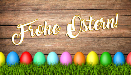 Frohe Ostern / Ostereier / Holz / Gras