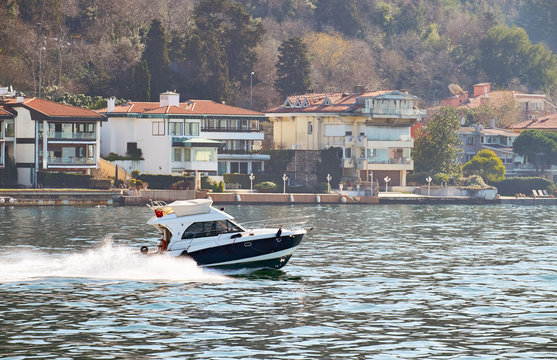 A speed boat on the Bosphorus Strait, Istanbul in Turkey.