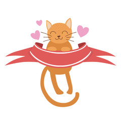 Cat Holding Red Ribbon Vector Sticker, Template St