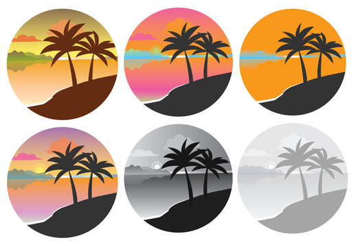 Icon with a palm tree in a circle. Set of icons with palm trees. Graphic vector image of palm trees