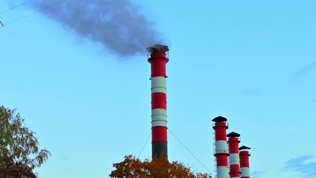 Chimney smoke / Smoke stack / Air pollution. Smoke comes from red-white chimneys on thermoelectric plant against sky.