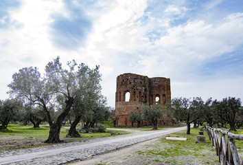 I ruderi della Basilica di Santa Maria della Roccella nel parco archeologico di Scolacium, regione...