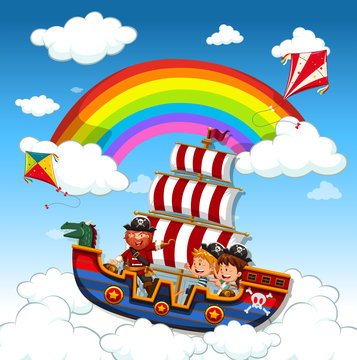 Children riding on viking ship in the sky