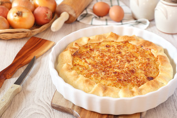 Onion cheese pie and ingredients