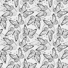 Fototapeta premium Seamless Pattern, Symbolical Butterflies Black and Grey Contours on Tile Background. Vector