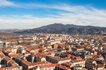 Turin (Torino), March 8, 2017: Panorama of the Turin city with La Gran Madre church on horizon