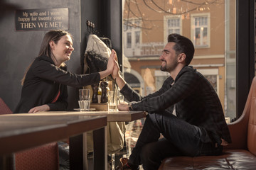 woman man sitting caffe shop table, 