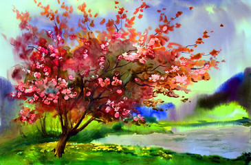 Watercolor painting landscape with blooming spring tree with flowers.