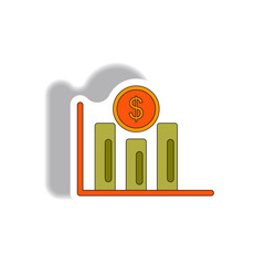 Vector illustration in paper sticker style. infographic design of column chart and currency