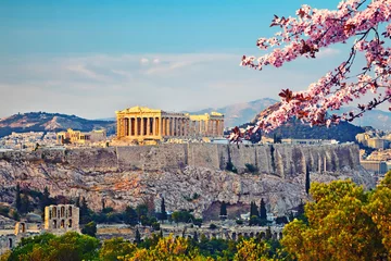 Poster Uitzicht op de Akropolis bij zonsondergang, Athene, Griekenland © sborisov