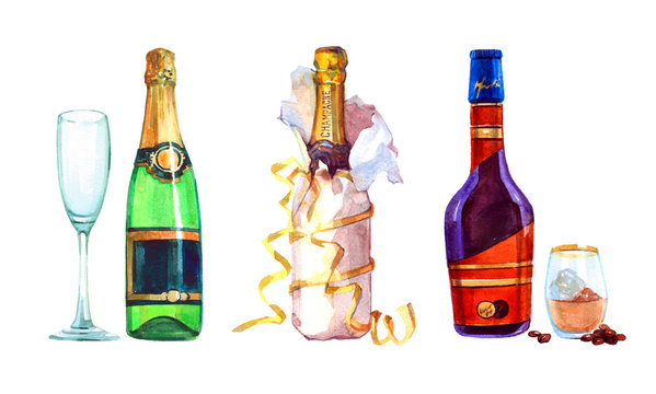 Watercolor realistic Bottle of liquor and a bottle of champagne and glass isolated on a white background illustration.