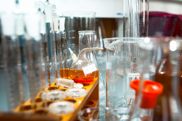 Glass chemical cookware in the laboratory beautiful background