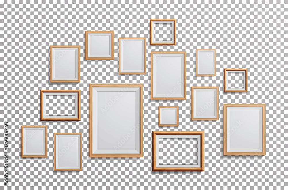 Poster realistic photo frame vector. set square, a3, a4 sizes light wood blank picture frame, hanging on tr