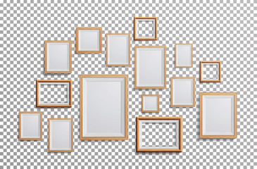 Realistic Photo Frame Vector. Set Square, A3, A4 Sizes Light Wood Blank Picture Frame, Hanging On Transparent Background From The Front. Design Template For Mock Up.