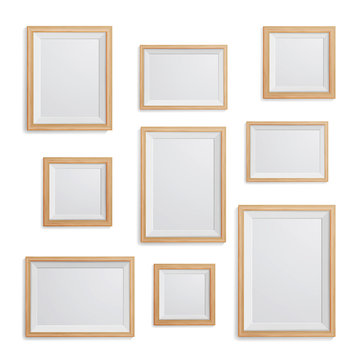 Realistic Photo Frame Vector Set. Collection Of Empty Blank. Realistic Picture Frame On The White Wall. Design Template For Mock Up.