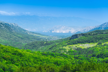 Wonderful romantic summer afternoon landscape panorama. Green, emerald valley of in the canyon plateau. Deciduous forest. Baska on the island of Krk. Croatia. Europe.