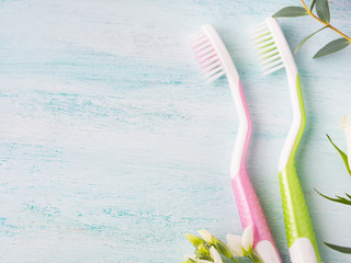 Two pastel toothbrushes with flowers herbs over green textured background. Spring colors. Personal dental health care. Healthy couple concept