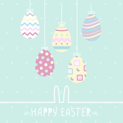 Easter poster. Hanging eggs on blue background with handwritten text. Vector illustration.