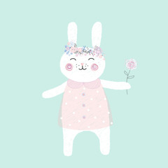 Easter bunny with flowers. hand-drawn. Vector illustration.