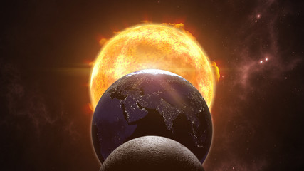 Sun, moon and earth globes. Eclips in cosmic scene. 3D rendering