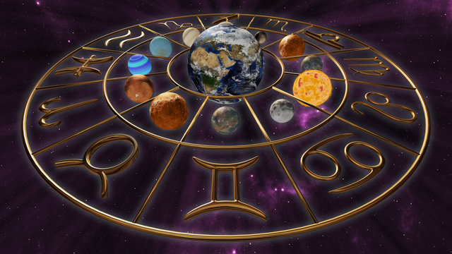Mystic golden zodiac horoscope symbol with twelve planets in cosmic scene. 3D rendering